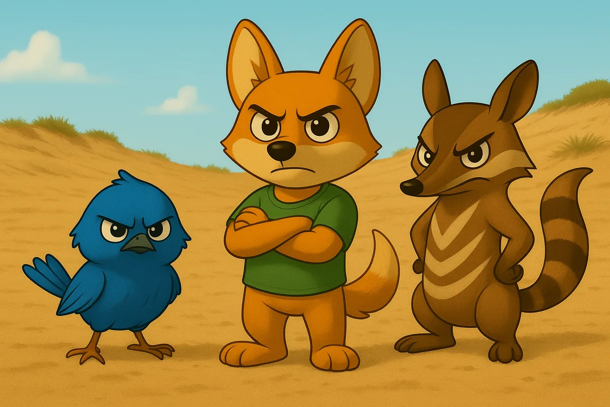 The small blue Wren, the Dingo in a green shirt and the Quokka standing together on sandy dunes